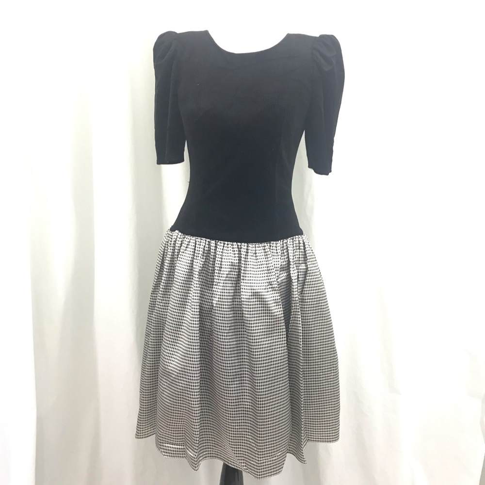 Vintage 80s Black Velvet Gingham Party Dress M
